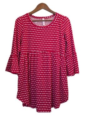 Red Lolly Blouse Womens M Red Polka Dot Tunic Bell Sleeve 3/4 Sleeve Ruffle USA